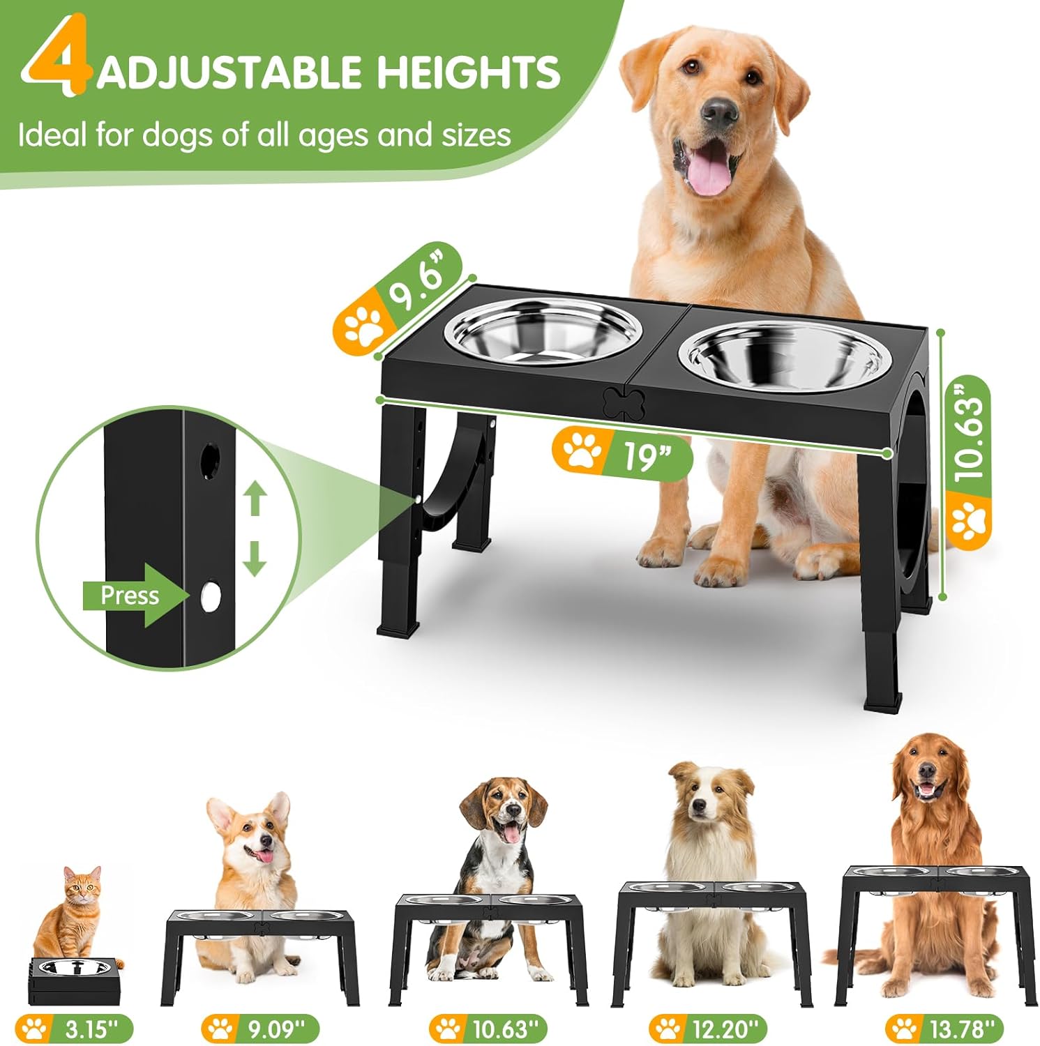 Elevated Dog Bowls Large Breed Raised Dogs Bowl Stand Large/Medium Sized Dog Stainless Steel Food Water Bowl Stands 5 Heights Adjustable 9/11/12/14in Black Pet Feeder Dish Station
