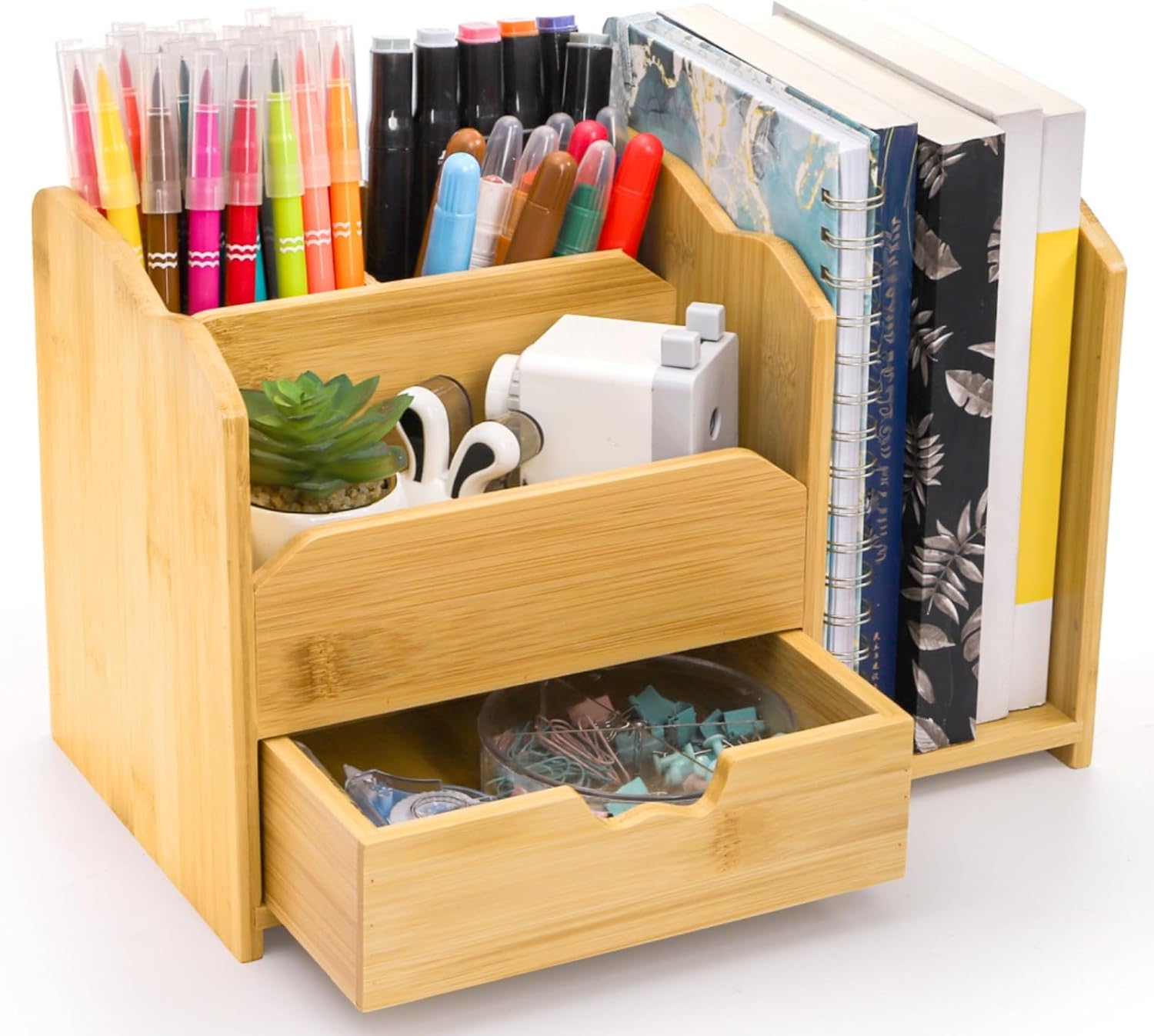 Bamboo Desk Organizer – 5 Compartment Heavy Duty Tabletop Storage with Drawer & Pen Holder – No Assembly Required