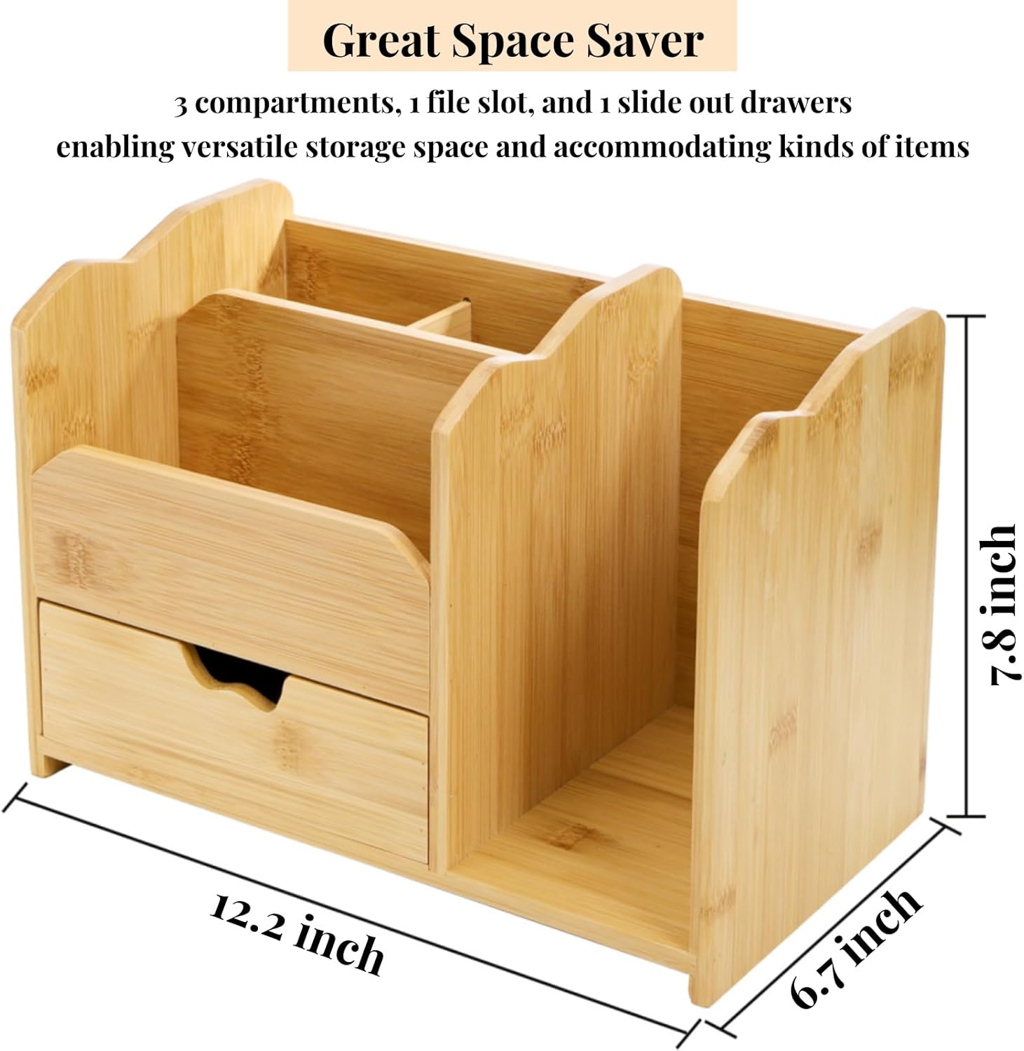 Bamboo Desk Organizer – 5 Compartment Heavy Duty Tabletop Storage with Drawer & Pen Holder – No Assembly Required