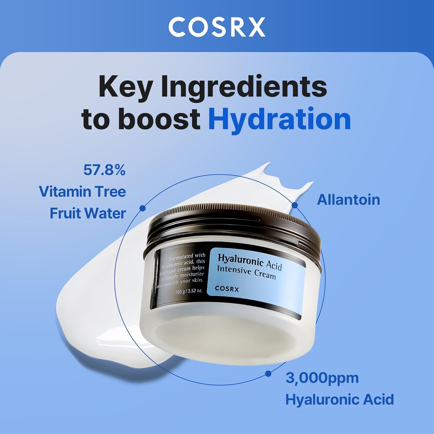 Hyaluronic Acid Moisturizing Cream, Long-lasting Hydration, Rich Moisturizer for Sensitive Skin 3.52 oz / 100g, Korean Skin Care, Animal Testing Free, Parabens Free